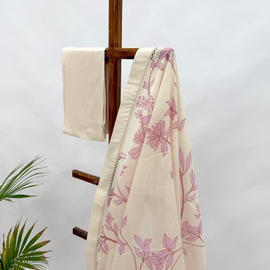 IVORY FOLIOLE CHANDERI WITH SILK BORDER SAREE AND BLOUSE FABRIC