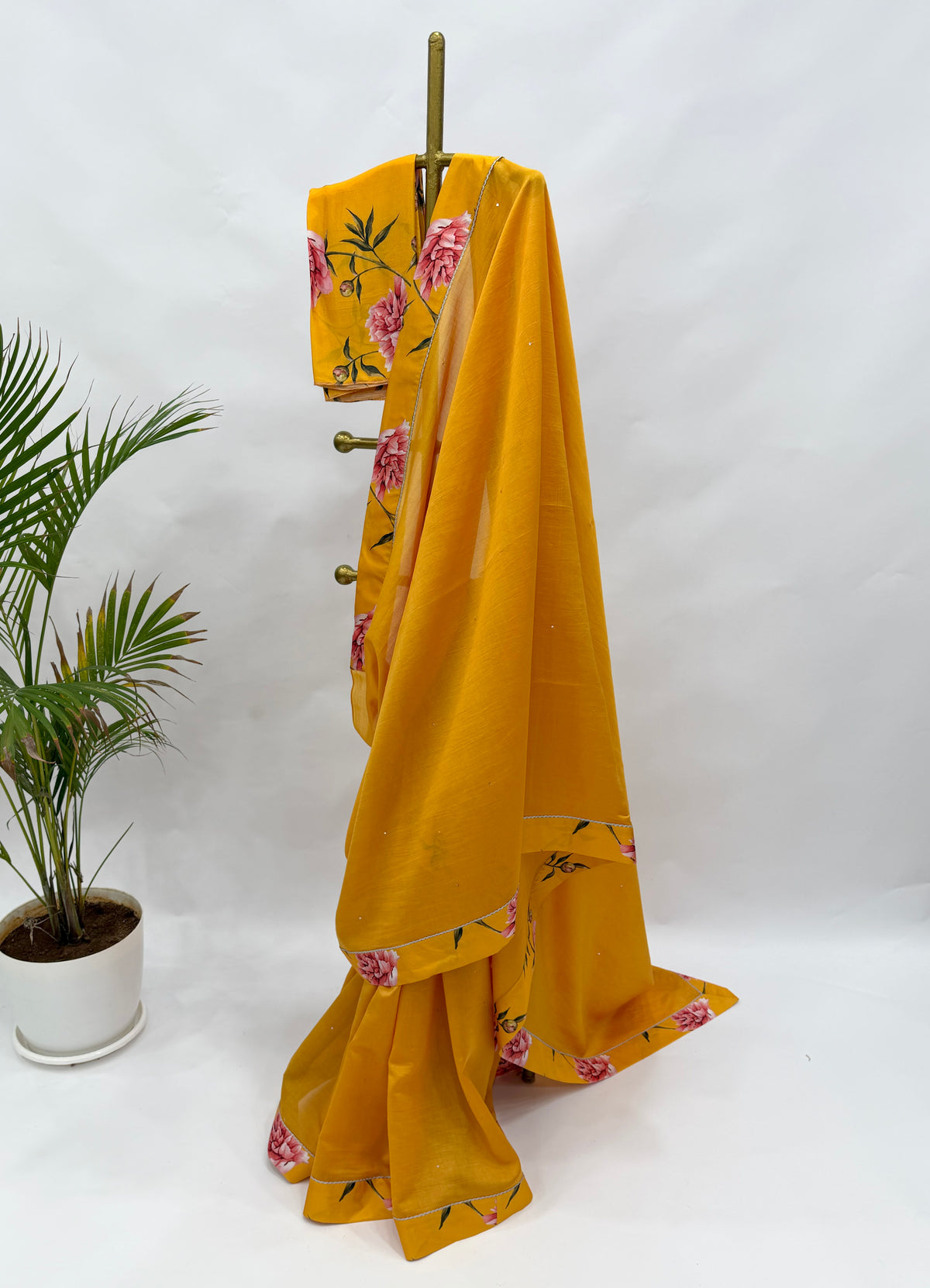 MUSTARD YELLOW PEONIA BORDER CHANDERI SILK SAREE AND FLORAL BLOUSE FABRIC