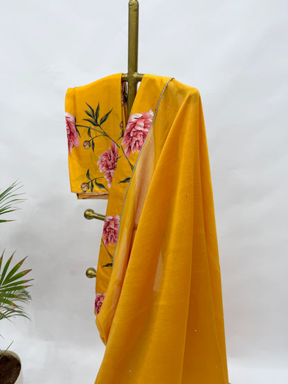 MUSTARD YELLOW PEONIA BORDER CHANDERI SILK SAREE AND FLORAL BLOUSE FABRIC