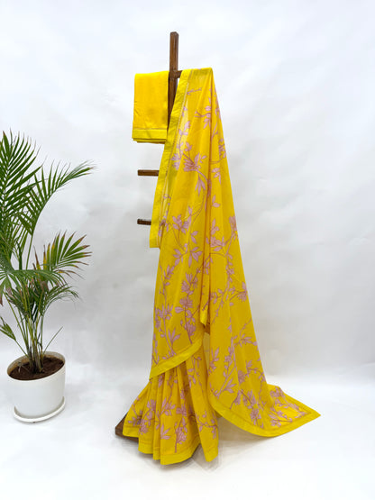 YELLOW FOLIOLE CHANDERI SAREE WITH SILK BORDER AND BLOUSE FABRIC