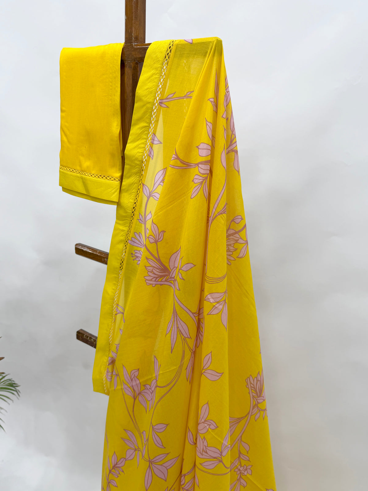 YELLOW FOLIOLE CHANDERI SAREE WITH SILK BORDER AND BLOUSE FABRIC