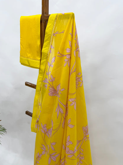 YELLOW FOLIOLE CHANDERI SAREE WITH SILK BORDER AND BLOUSE FABRIC