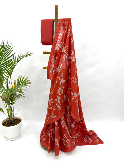 RED FOLIOLE CHANDERI SAREE WITH SILK BORDER AND BLOUSE FABRIC