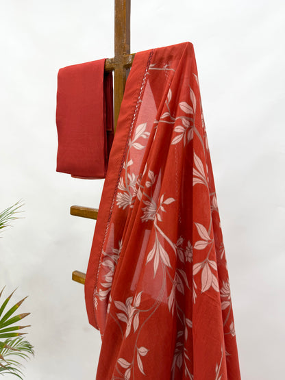 RED FOLIOLE CHANDERI SAREE WITH SILK BORDER AND BLOUSE FABRIC
