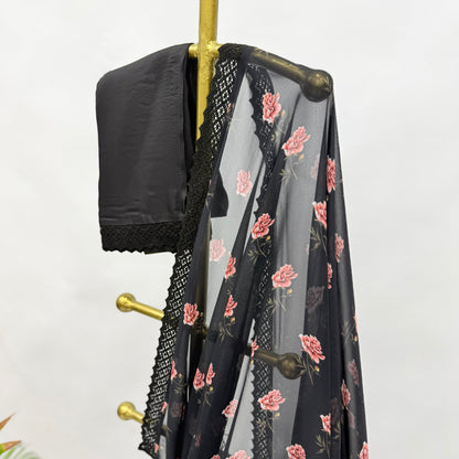 BLACK PEONIA MOTIFS GEORGETTE SAREE WITH CROCHET LACE AND SILK BLOUSE FABRIC