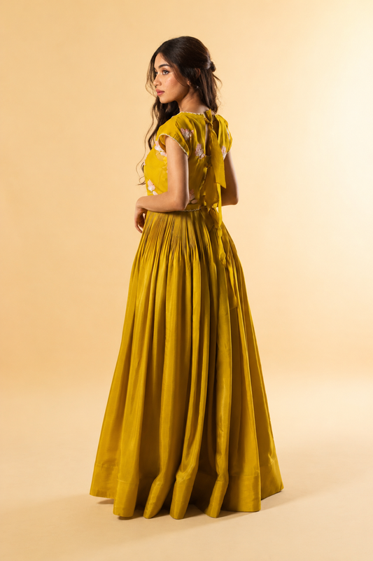 Yellow Georgette Flowers Tie Jakcet Floorlength