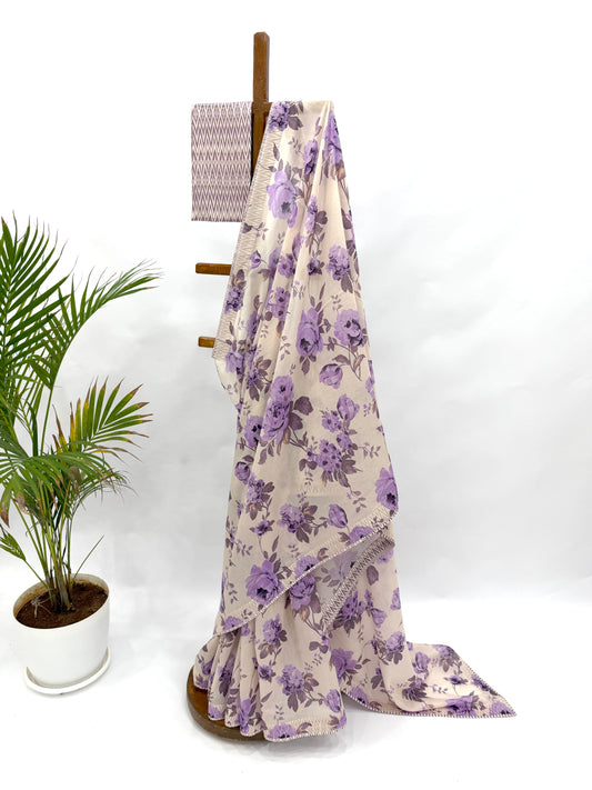 IVORY LAVENDER FLOWER BUNCH CHANDERI SAREE WITH STRIPES BORDER AND BLOUSE FABRIC