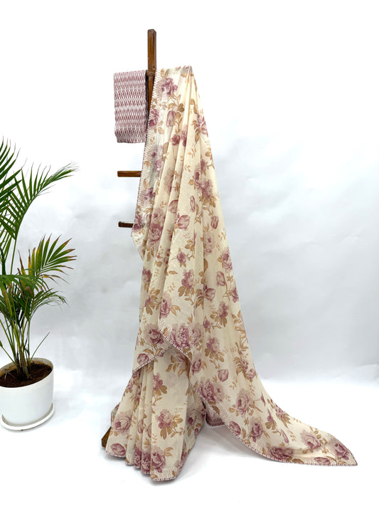IVORY BEIGE FLOWER BUNCH CHANDERI SAREE WITH STRIPES BORDER AND BLOUSE FABRIC
