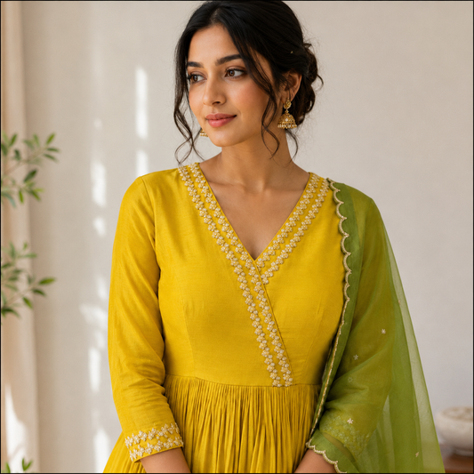 Yellow Knot Embroidery Angrakha Anarkali Set