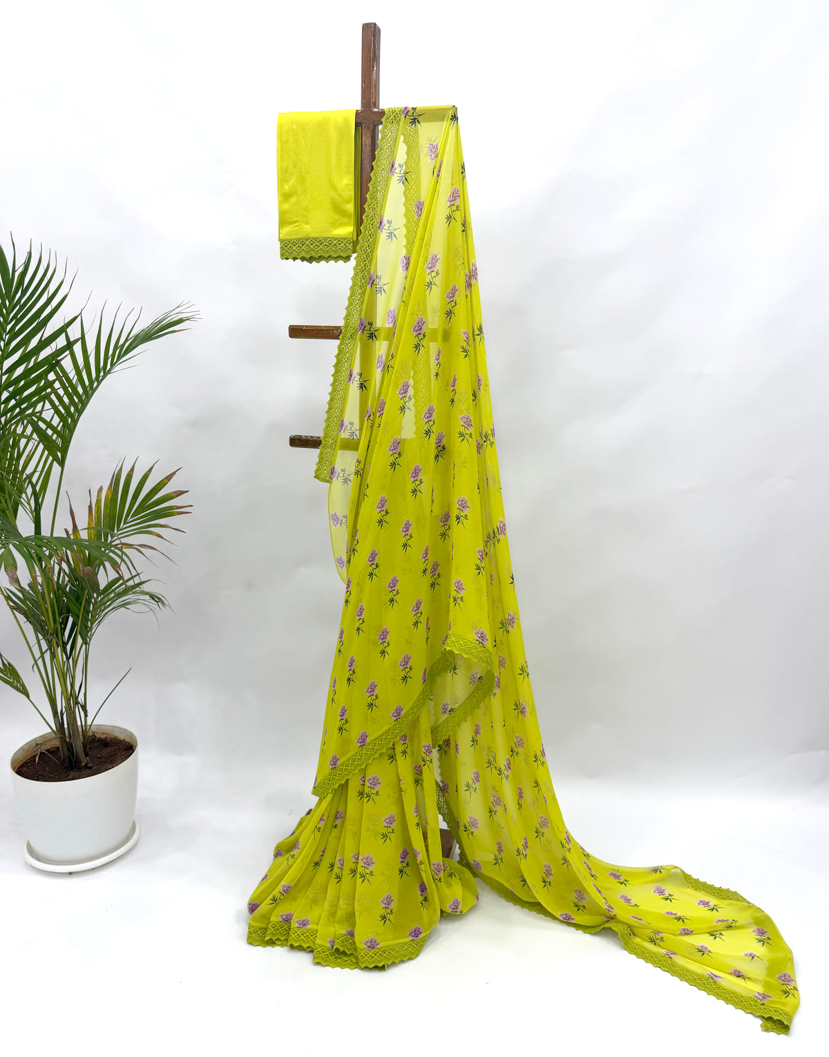 LIMEGREEN PEONIA MOTIFS GEORGETTE SAREE WITH CROCHET LACE AND SILK BLOUSE FABRIC