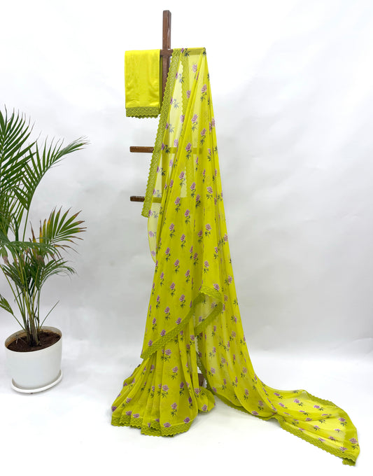 LIMEGREEN PEONIA MOTIFS GEORGETTE SAREE WITH CROCHET LACE AND SILK BLOUSE FABRIC