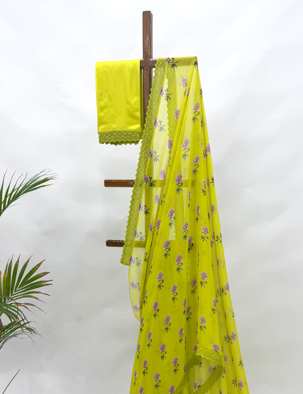 LIMEGREEN PEONIA MOTIFS GEORGETTE SAREE WITH CROCHET LACE AND SILK BLOUSE FABRIC