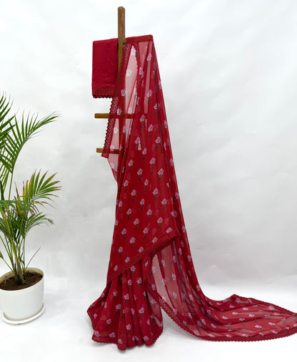 RED PEONIA MOTIFS GEORGETTE SAREE