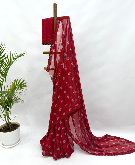 RED PEONIA MOTIFS GEORGETTE SAREE