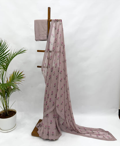 OLDROSE PEONIA MOTIFS GEOGRETTE SAREE