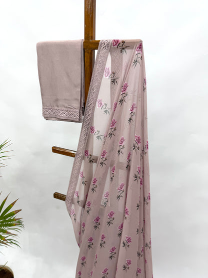 OLDROSE PEONIA MOTIFS GEOGRETTE SAREE