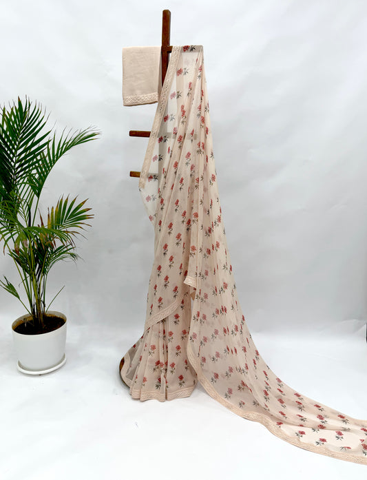 IVORY PEONIA MOTIFS GEORGETTE SAREE WITH LACE