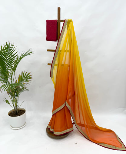 YELLOW ORANGE ORGANZA OMBRE SAREE