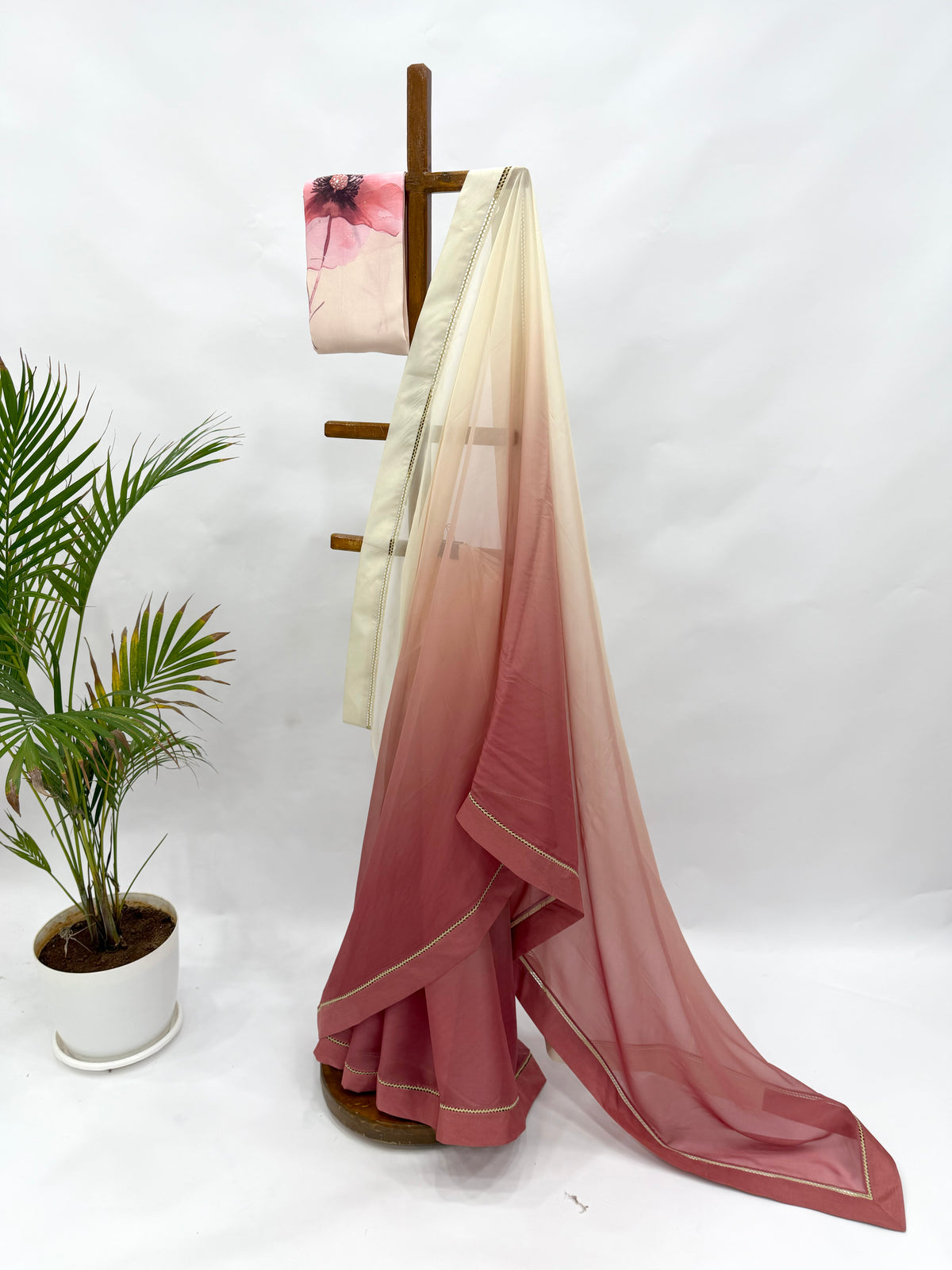 OFFWHITE BRICK BROWN OMBRE ORGANZA SAREE