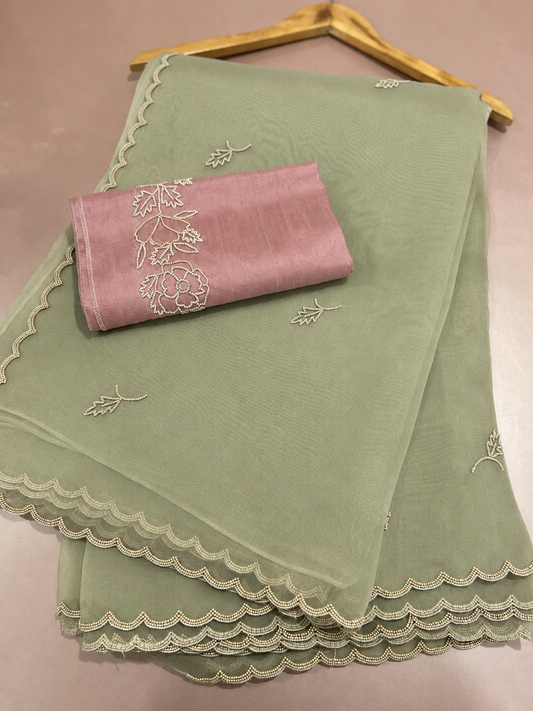 Mint Green Leaf Motifs Organza Saree