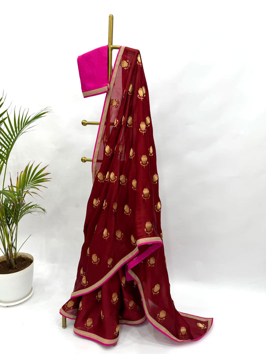 RED ZARI MOTIFS PATTU SAREE WITH HOTPINK BF