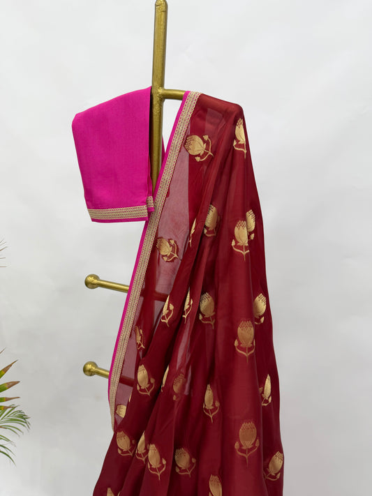 RED ZARI MOTIFS PATTU SAREE WITH HOTPINK BF