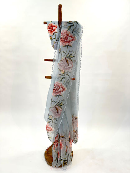 GREY PEONIA BORDER ORGANZA SAREE