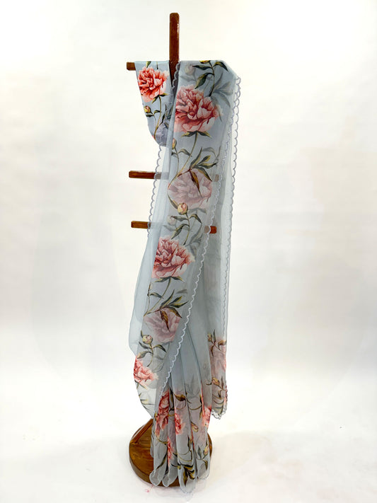 GREY PEONIA BORDER ORGANZA SAREE