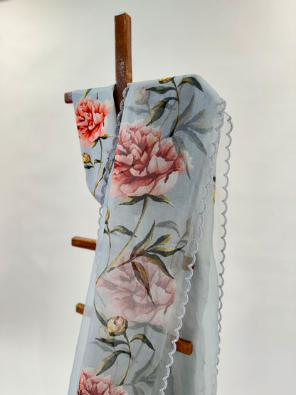 GREY PEONIA BORDER ORGANZA SAREE