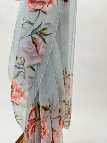 GREY PEONIA BORDER ORGANZA SAREE