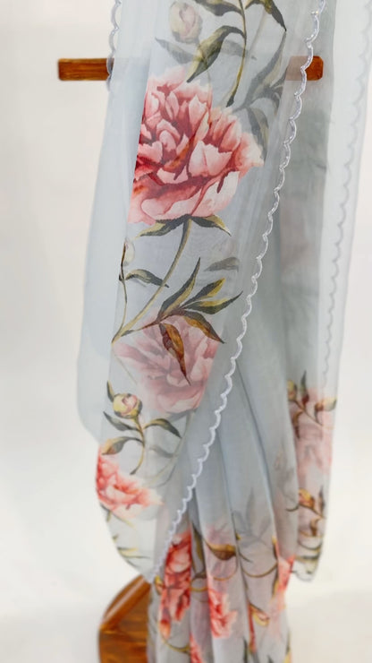 GREY PEONIA BORDER ORGANZA SAREE