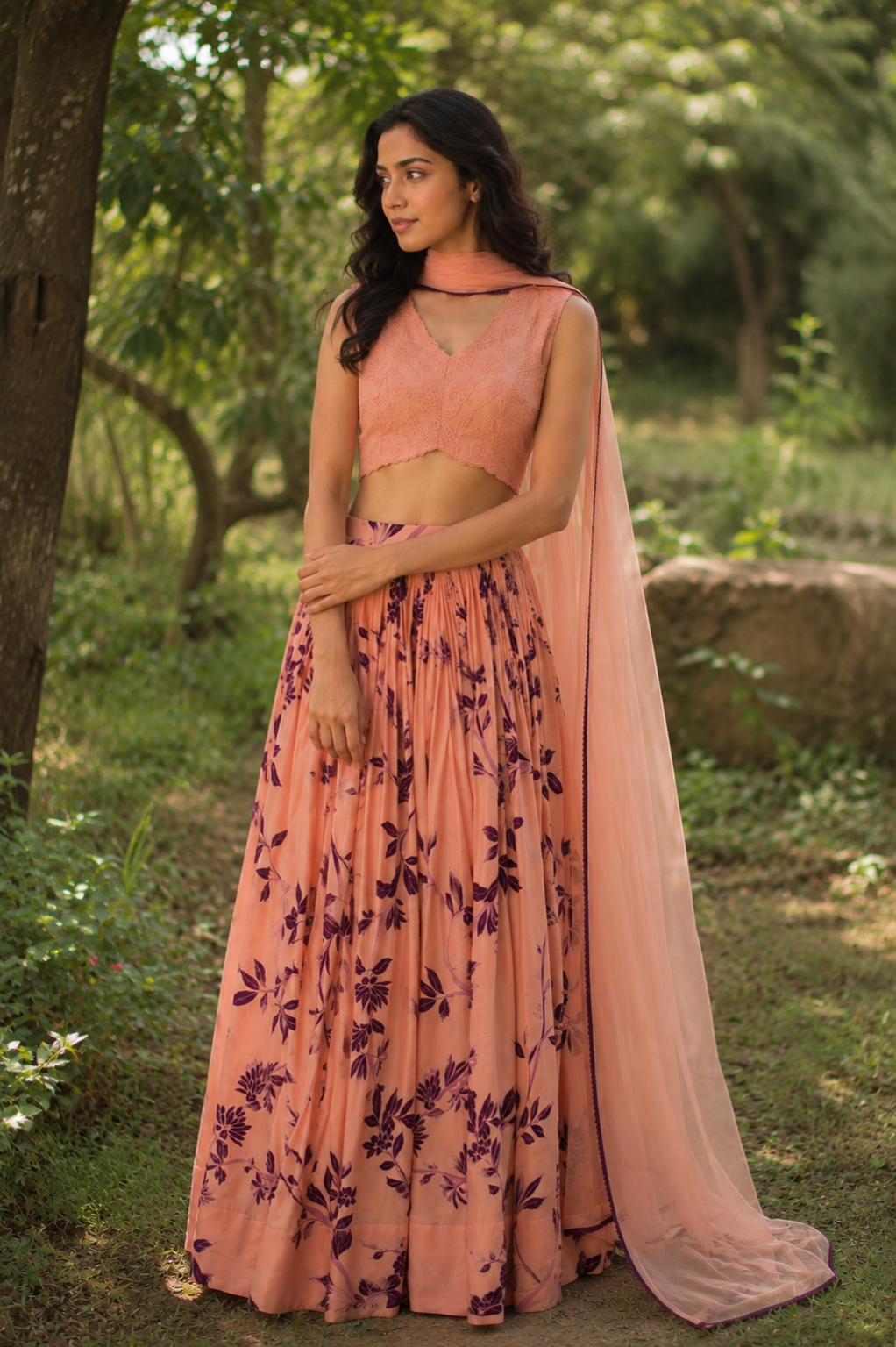 Peach Foliole Skirt with Applique Blouse