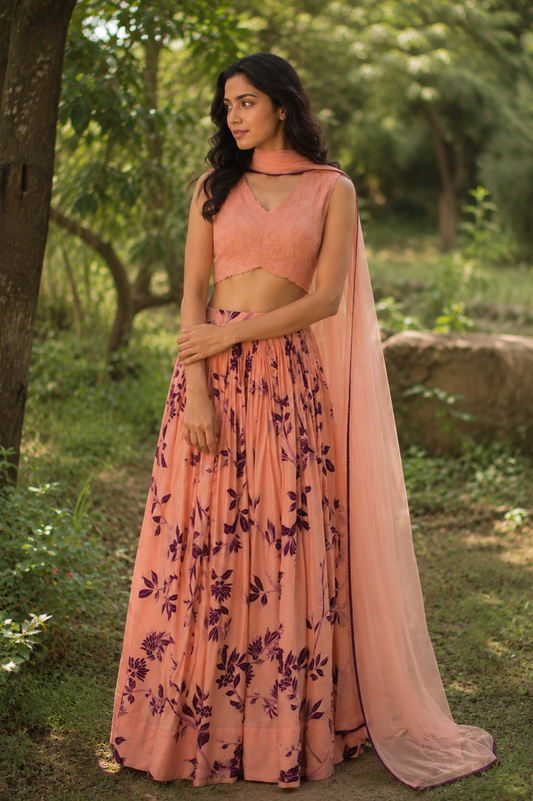 Peach Foliole Skirt with Applique Blouse