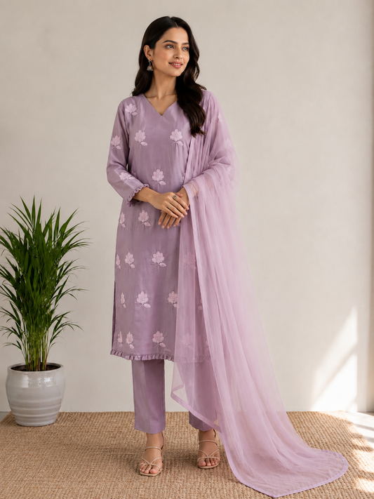 Lilac georgette Flowersw Kurta Set