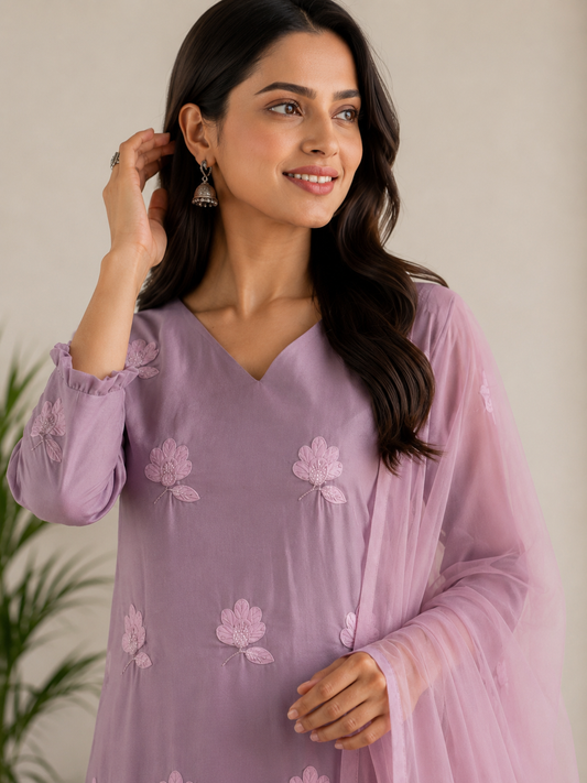 Lilac georgette Flowersw Kurta Set