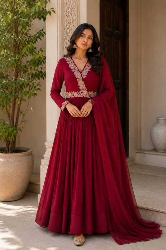 Red Tissue Applique Angrakha kurta set