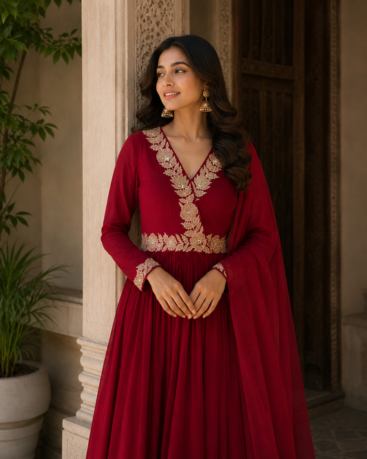Red Tissue Applique Angrakha kurta set