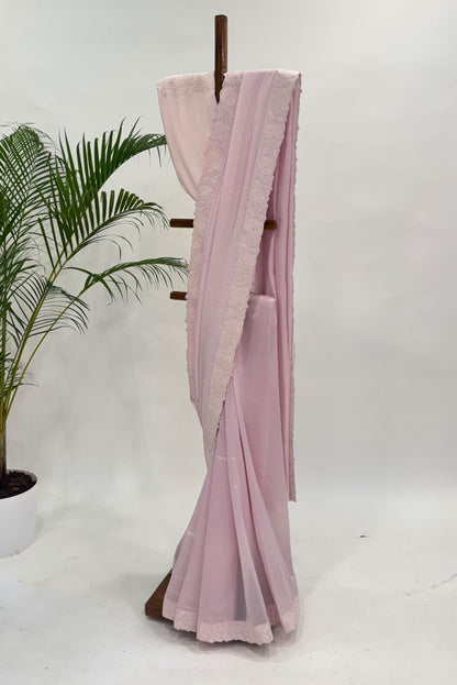 LAVENDER PINK APPLIQUE BORDER CHANDERI SILK SAREE