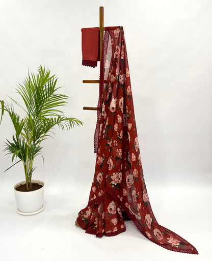 RED FLOWR BUNCH GEORGETTE SAREE WITH CROCHET LACE