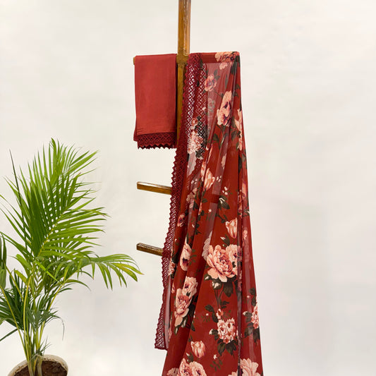 RED FLOWR BUNCH GEORGETTE SAREE WITH CROCHET LACE
