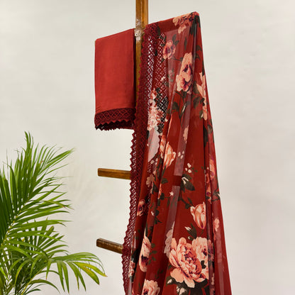 RED FLOWR BUNCH GEORGETTE SAREE WITH CROCHET LACE