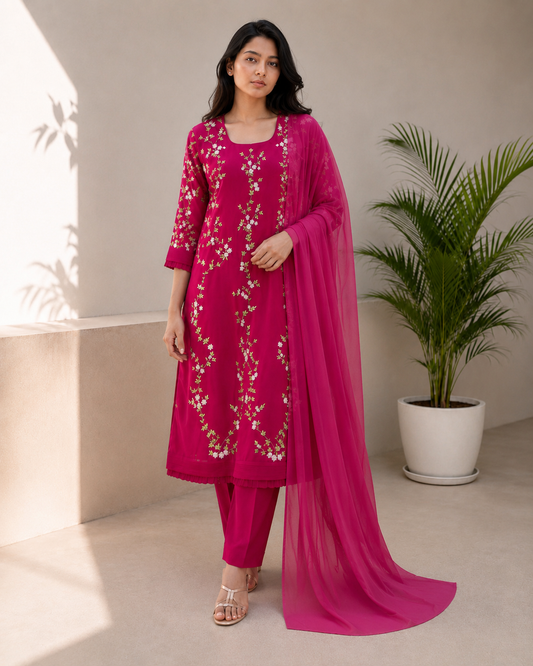 How Pink Thread Embroidery Kurta Set with soft net dupatta
