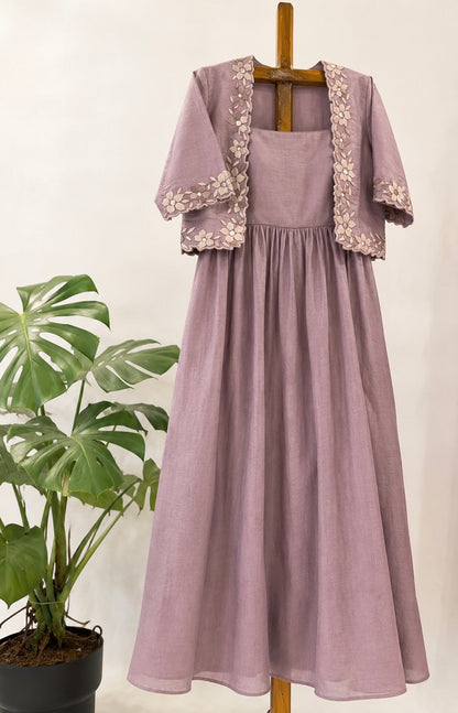 Mauve Floral Embroidery Linen Dress