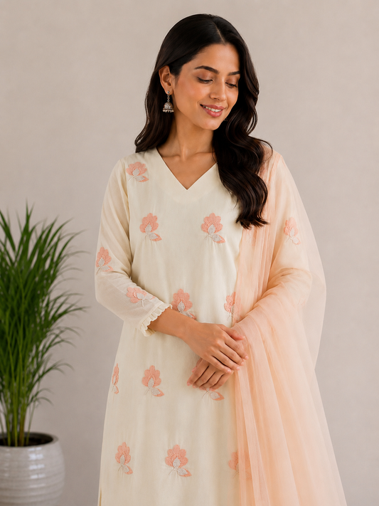 Off-White Georgette Flowers Kurta Set
