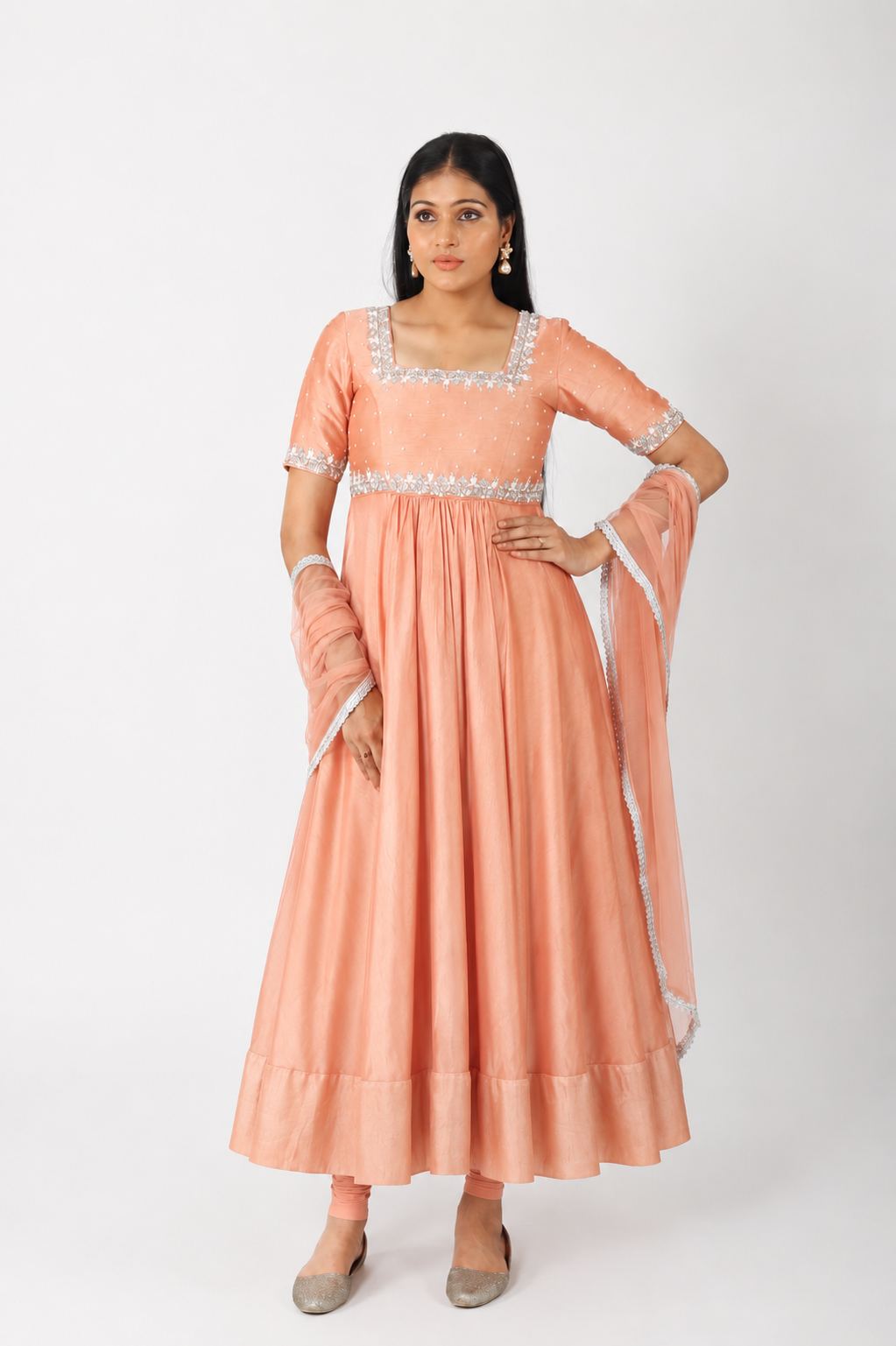 Peach knot Embroidery Anarkali