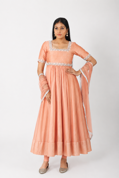 Peach knot Embroidery Anarkali