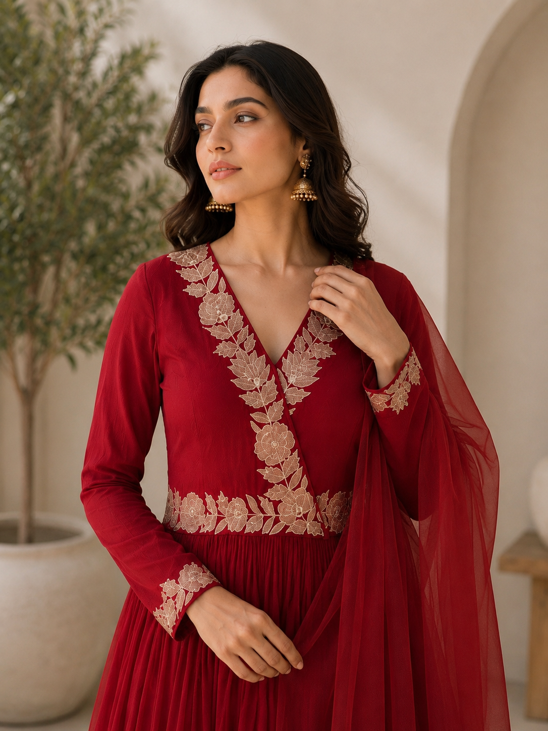 Red Tissue Applique Angrakha kurta set