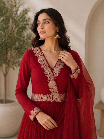 Red Tissue Applique Angrakha kurta set
