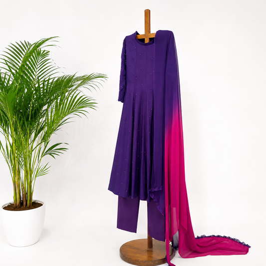Purple Applique Sleeve Kurta Set