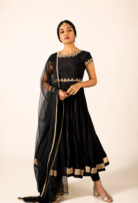 Black Three Layered Anarkali Set